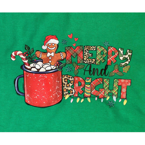 Merry and Bright Christmas Tee Unisex Small Green with Gingerbread‎ man graphic - Picture 2 of 5